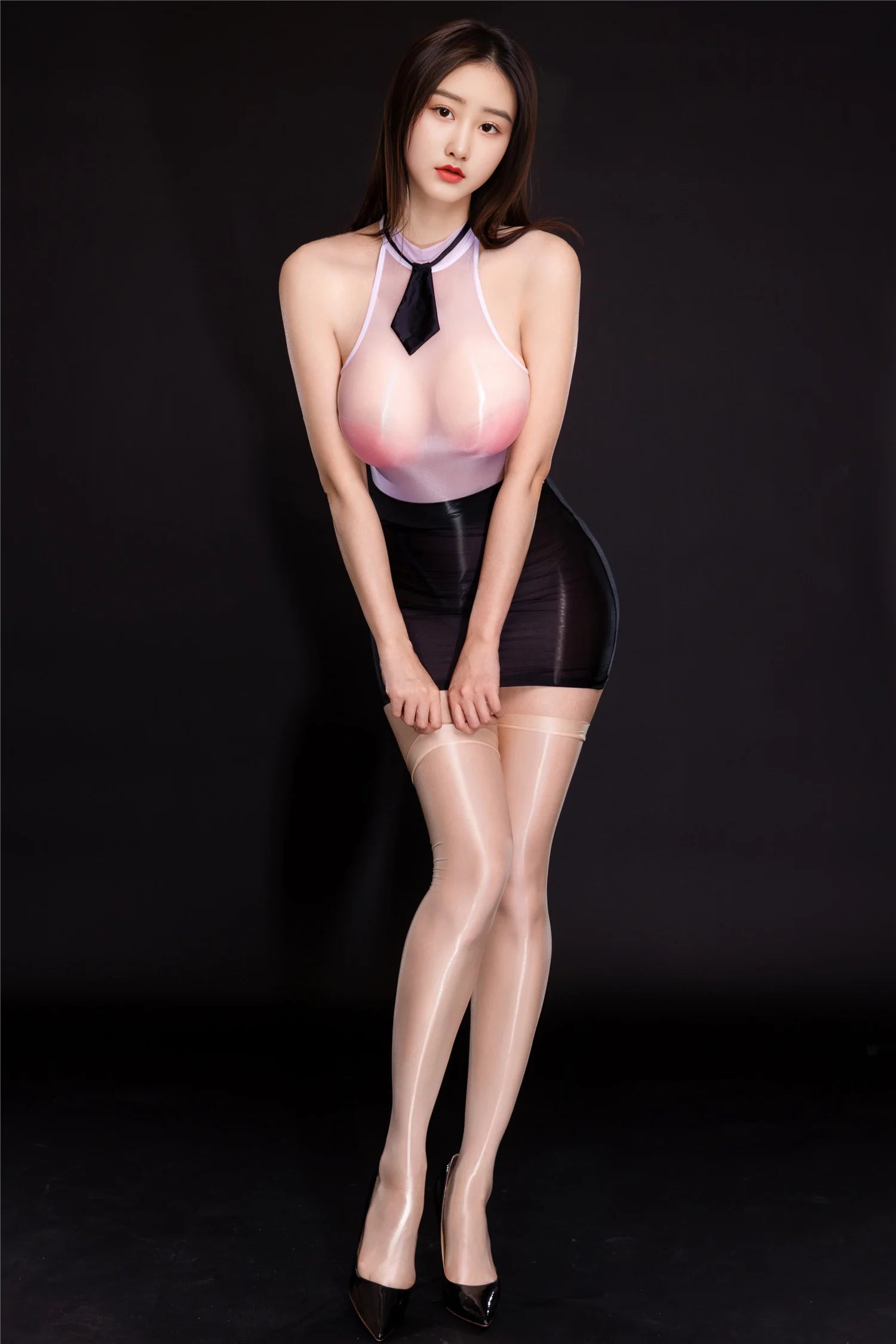 Sexy Women Oil Shiny High Cut Bodysuit Sheer See Through Sexy Tights One Piece Thongs Shapping Leotard With Skirt Set