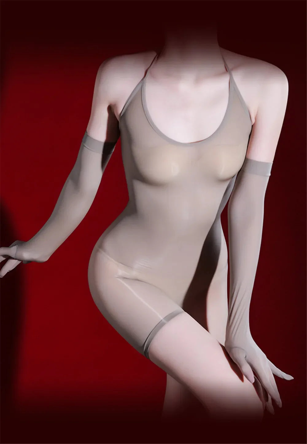 Women 5D Thin Oil Shiny Smooth Bodysuit Stripe Sleeveless Elastic Tights Yoga Shaping Backless Playsuit Maid Leotard With Glove