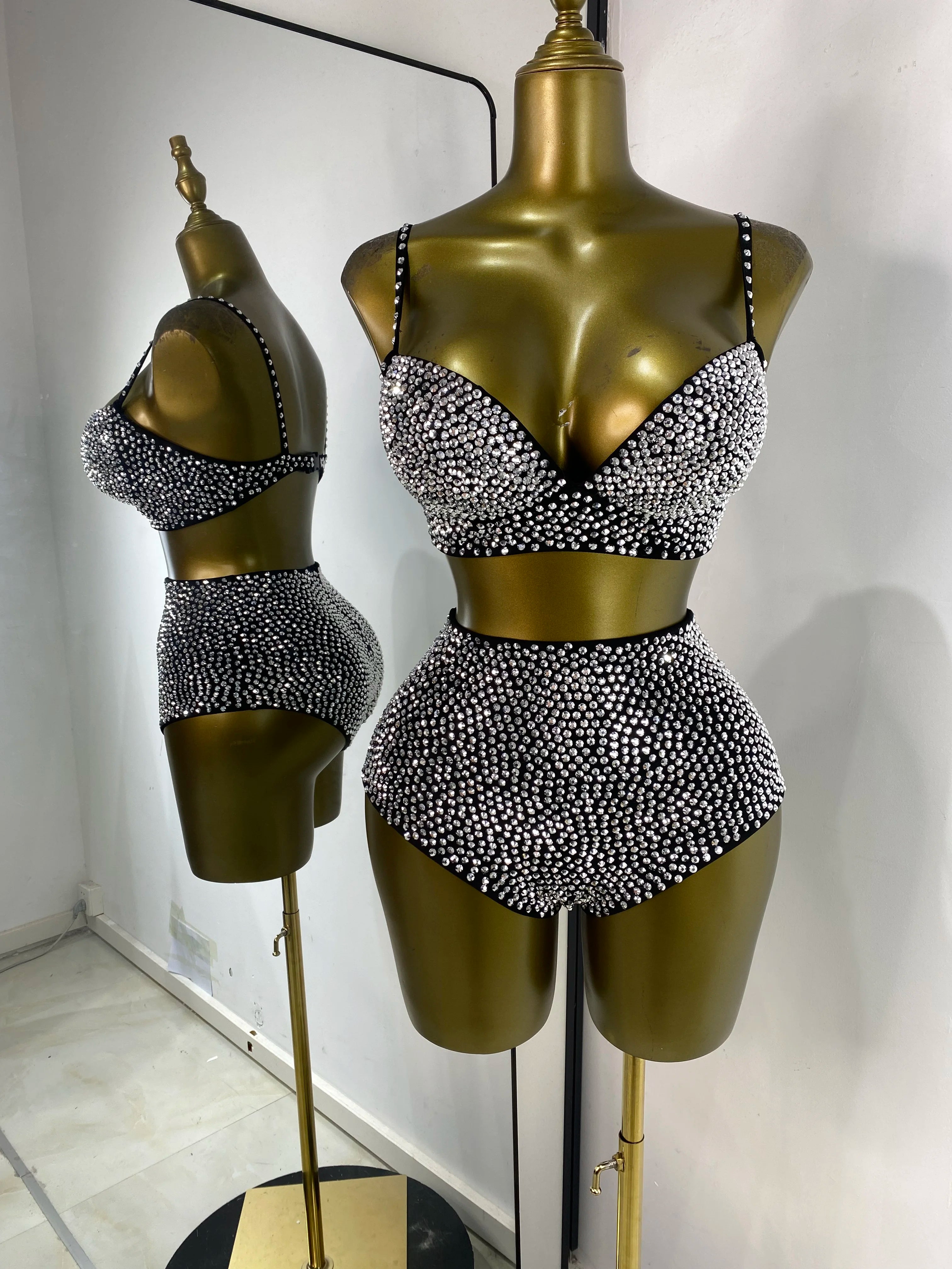 Rhinestone Bustier, High-Waist Mini Shorts & Cropped Jacket 3-Piece Performance Costume Set