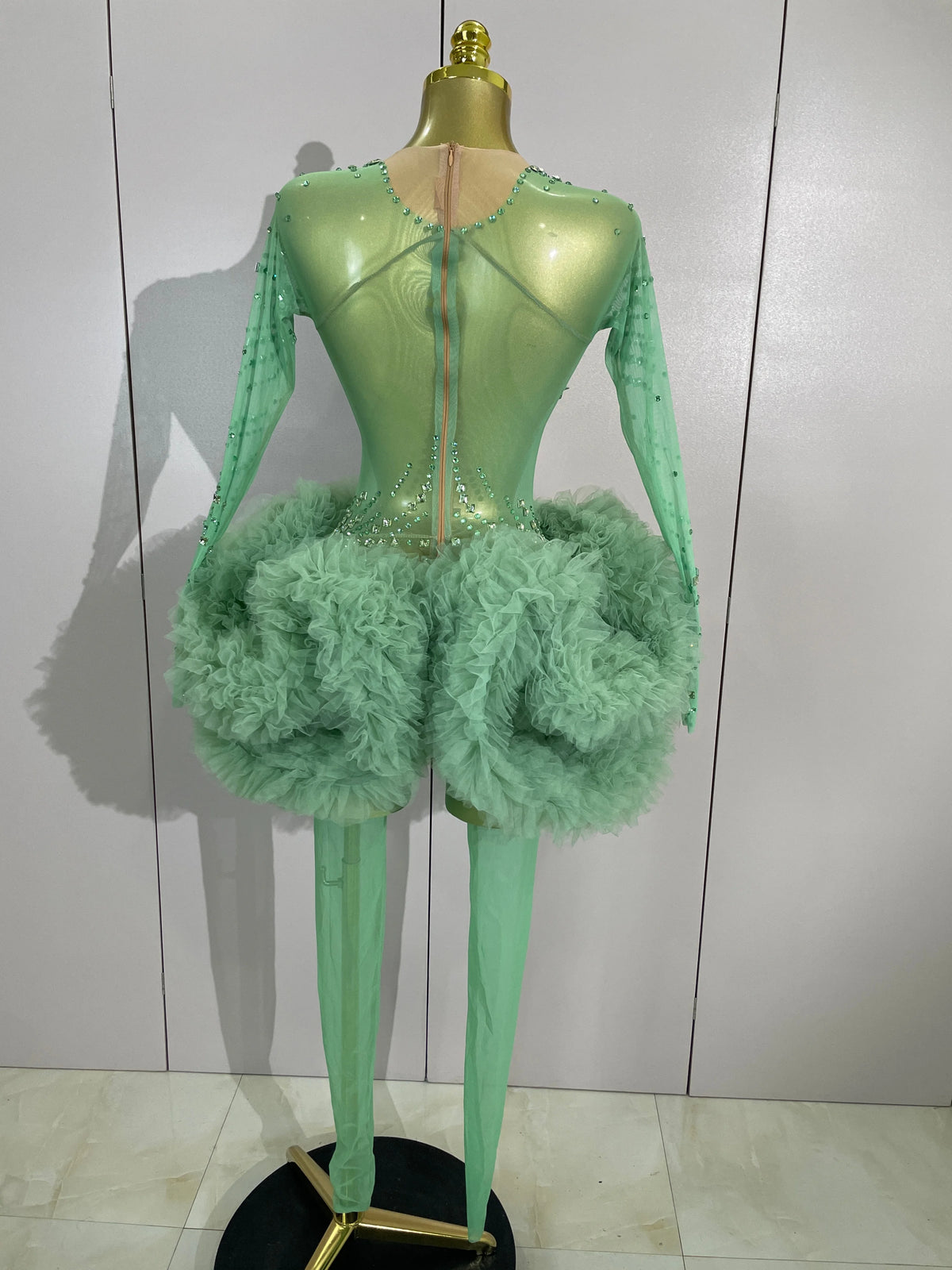Green Rhinestone Mesh Performance Jumpsuit