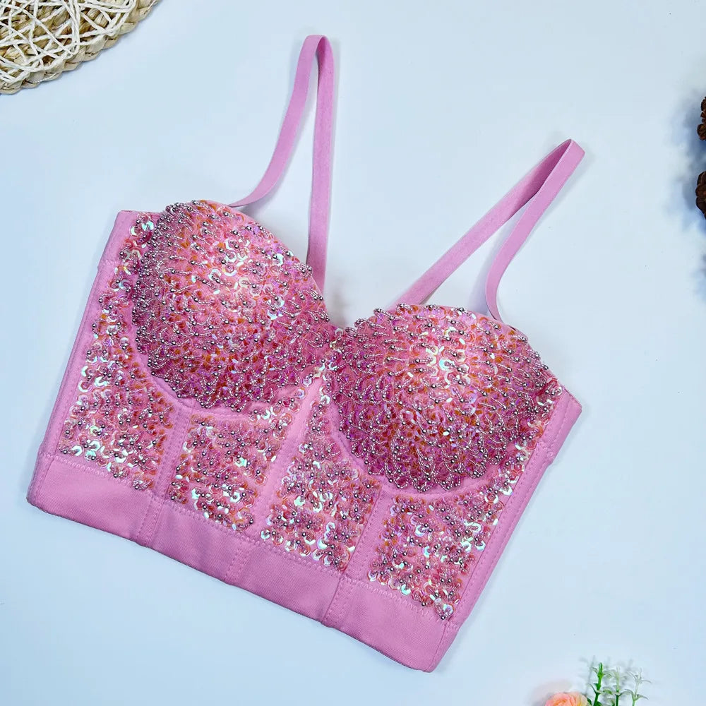 Gold Beaded Sequin Embroidery Bustier Corset Crop Top Party Bralette