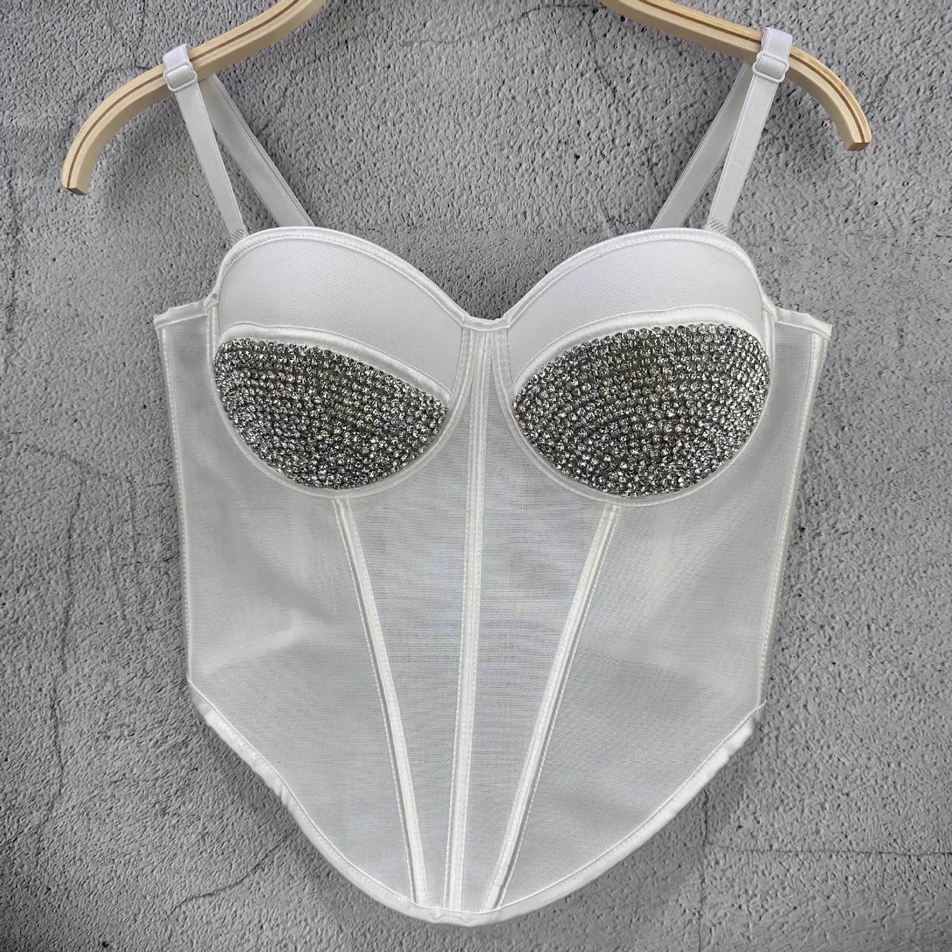 Rhinestone Mesh Denim Bustier Corset Crop Top Push-Up Party Bralette