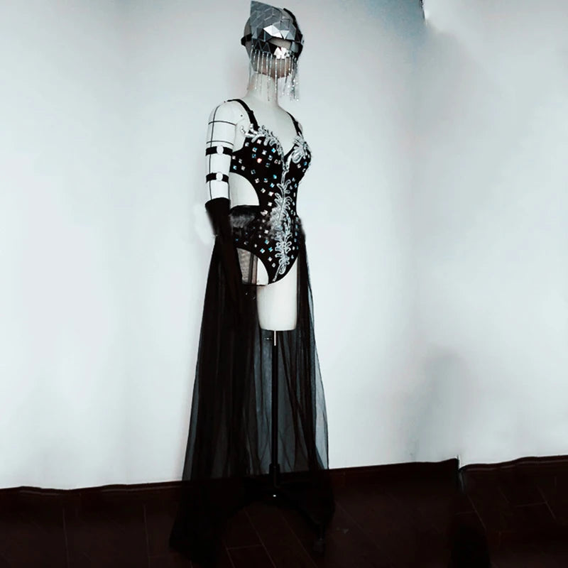 Silver Mirror Sequin Bodysuit & Dramatic Train Skirt Gogo Stage Costume Set