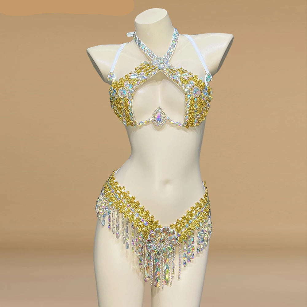 Sparkly Samba Carnival Stone Wire Bra & Thong Two-Piece Stage Costume Set