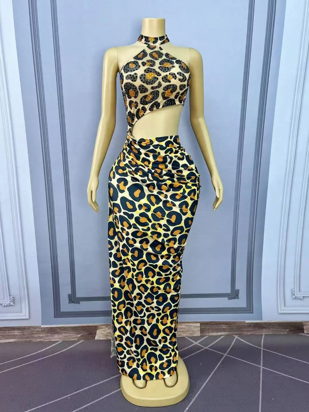 Leopard Print Rhinestones High Split Bodycon Dress Evening Party Stage Performance Outfit