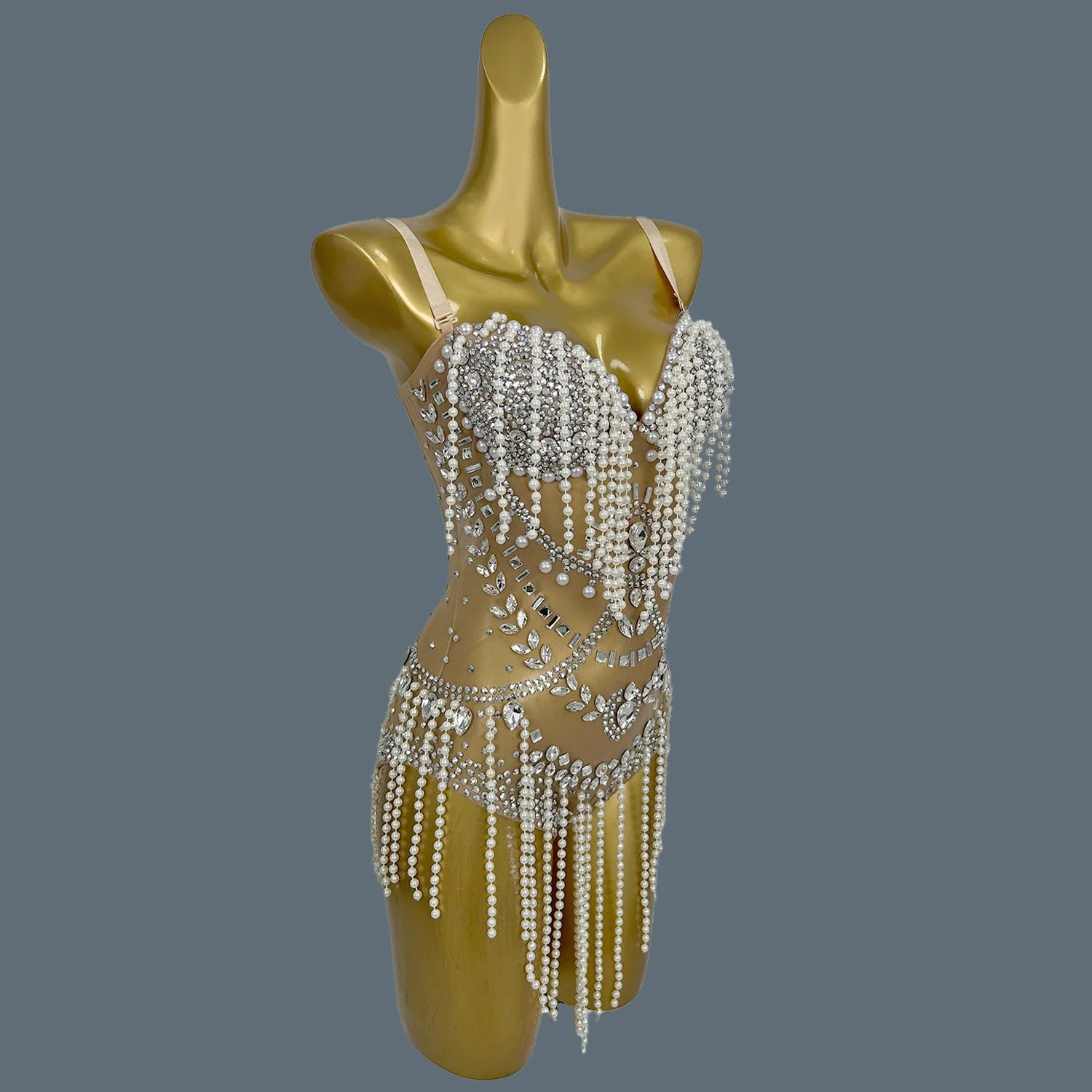 Nude Sheer Mesh Rhinestone Pearl Tassel Bodysuit Stage Performance Leotard