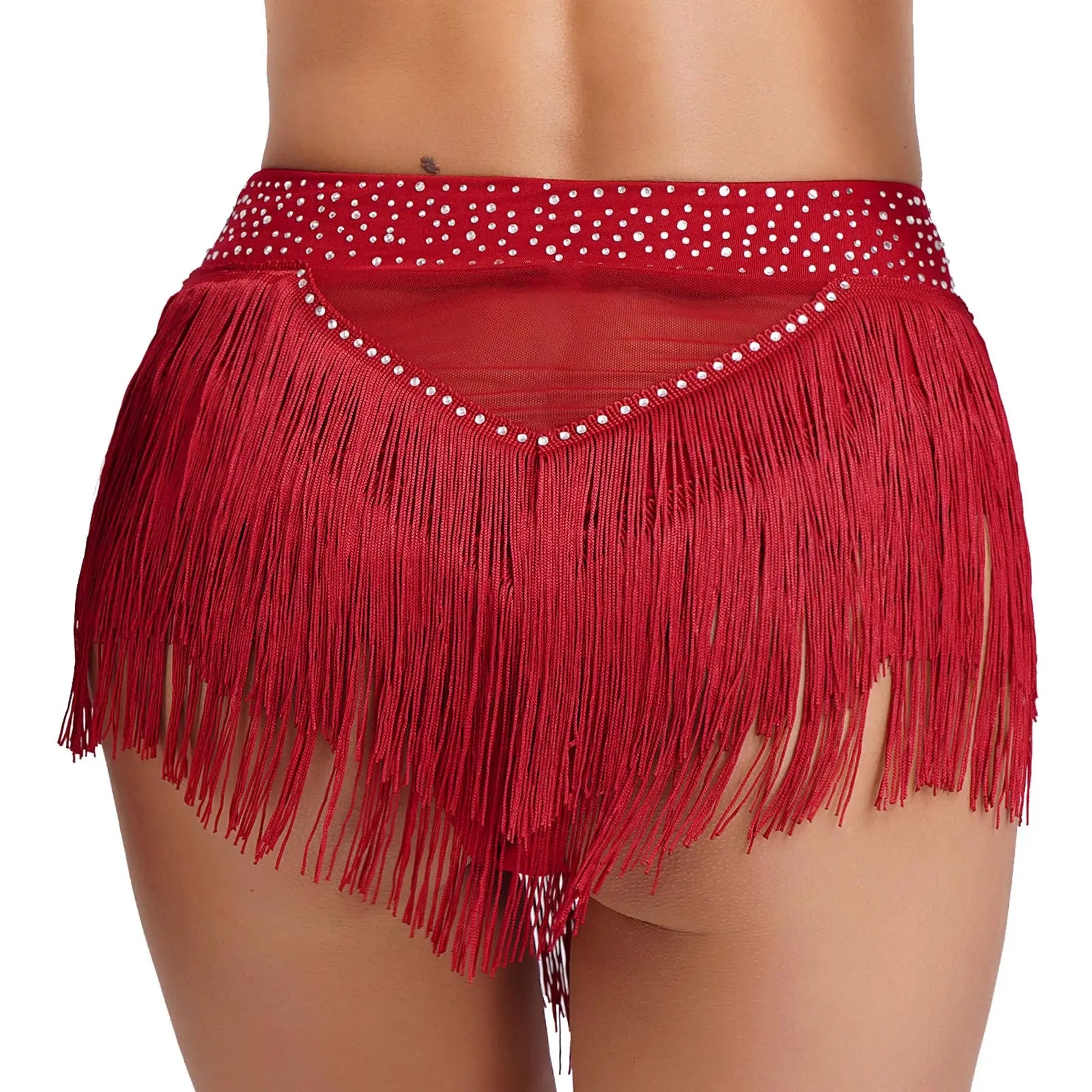 Rhinestone Tassel High-Waist Dance Shorts & Sheer Mesh Fringe Skirt