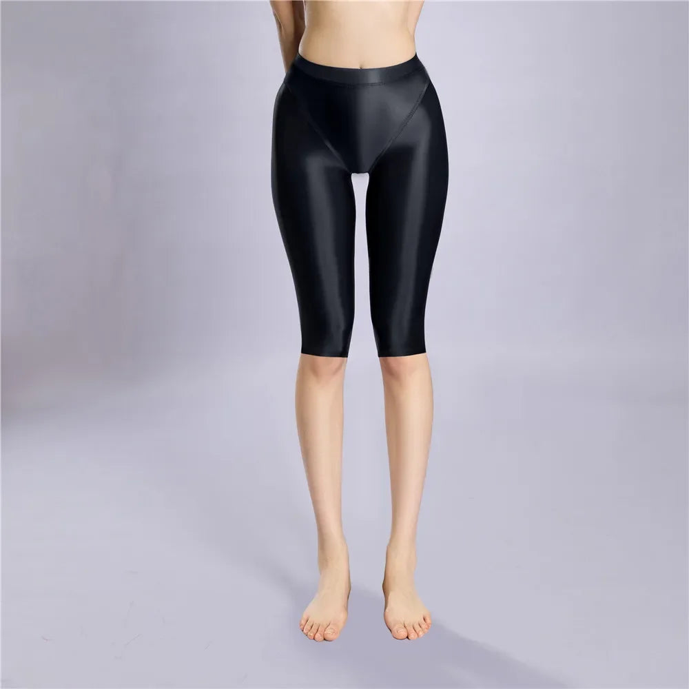 Women Shaping Short Stain Smooth Oil Glossy Shiny Elastic Shorts Sheer See Through Casual Plus Size Tight Yoga Short Maid Pant