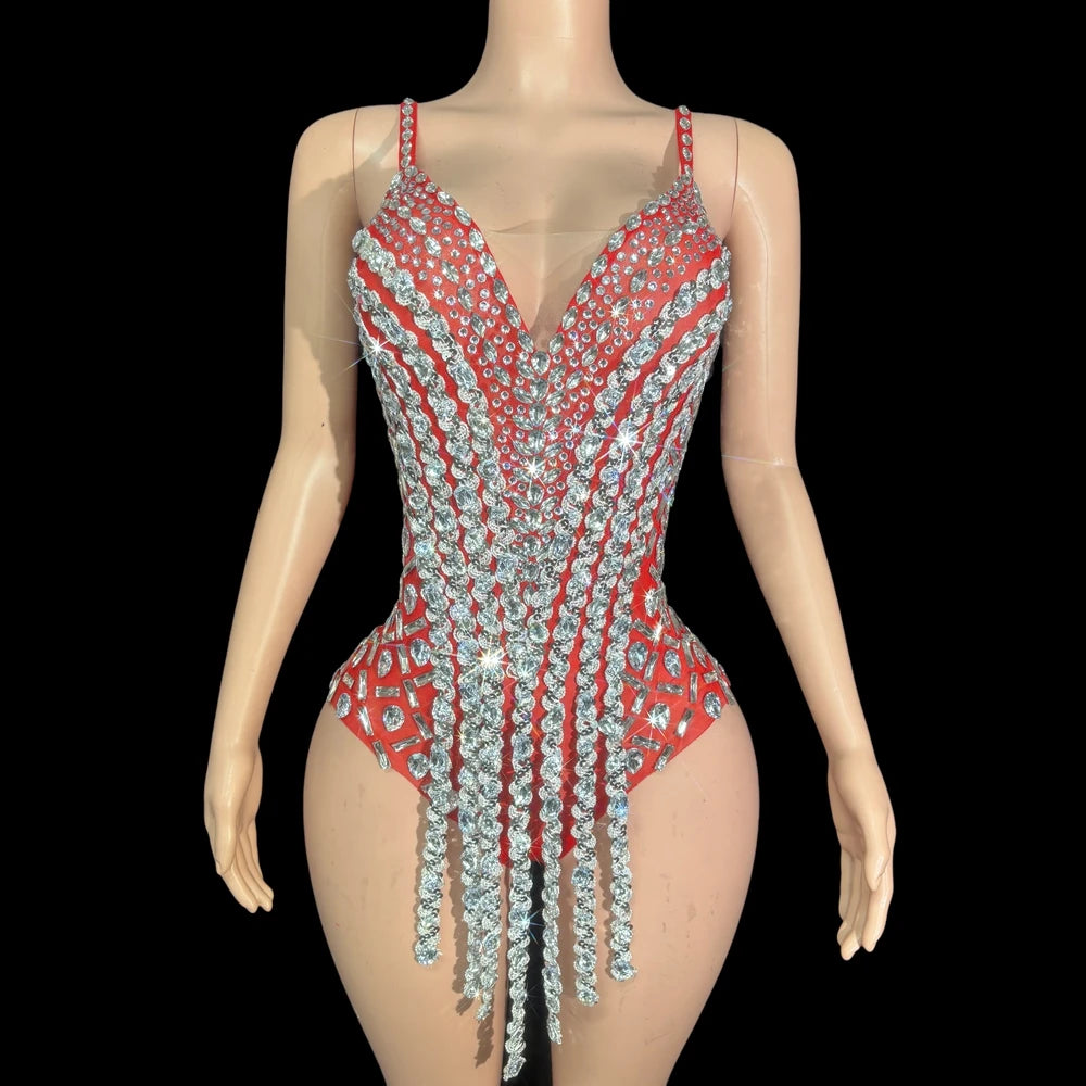 Sparkly Rhinestone Sequin Tassel Bodysuit Stage Performance Dance Leotard
