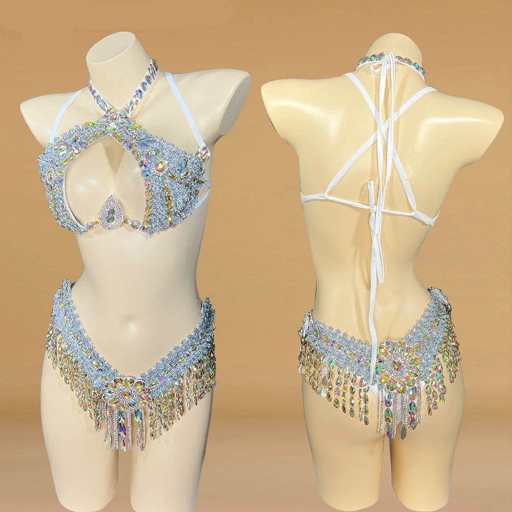 Sparkly Samba Carnival Stone Wire Bra & Thong Two-Piece Stage Costume Set