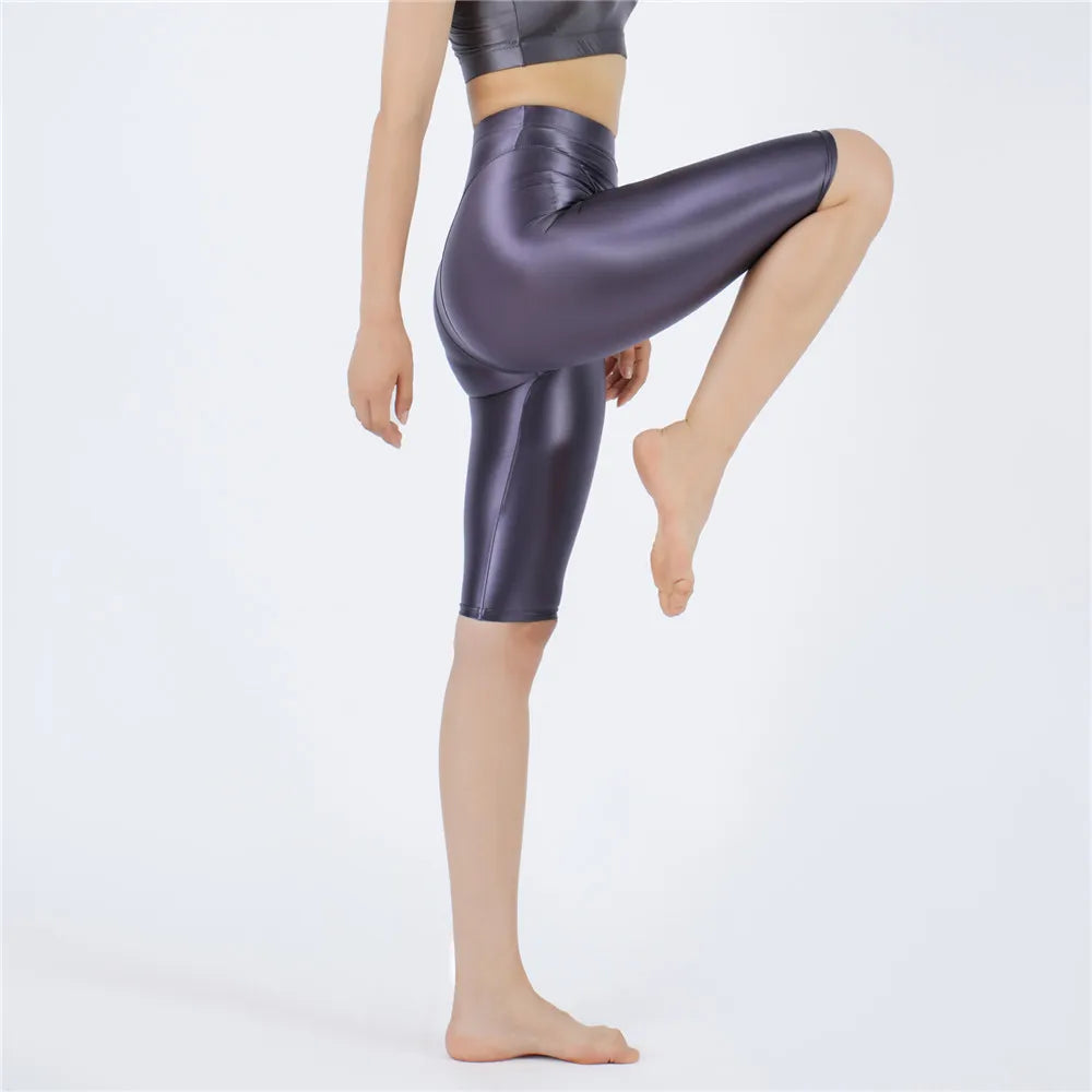 Oil Glossy High-Stretch Knee-Length Shorts Satin Shine Performance Biker Shorts