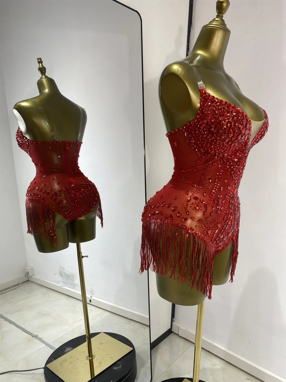 Vintage-Inspired Shiny Rhinestones Tassel Mesh Bodysuit Costume Set