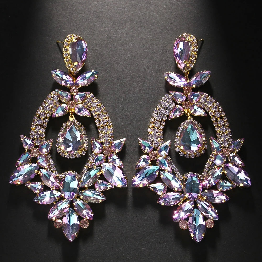 Purple Teardrop Rhinestone Statement Earrings