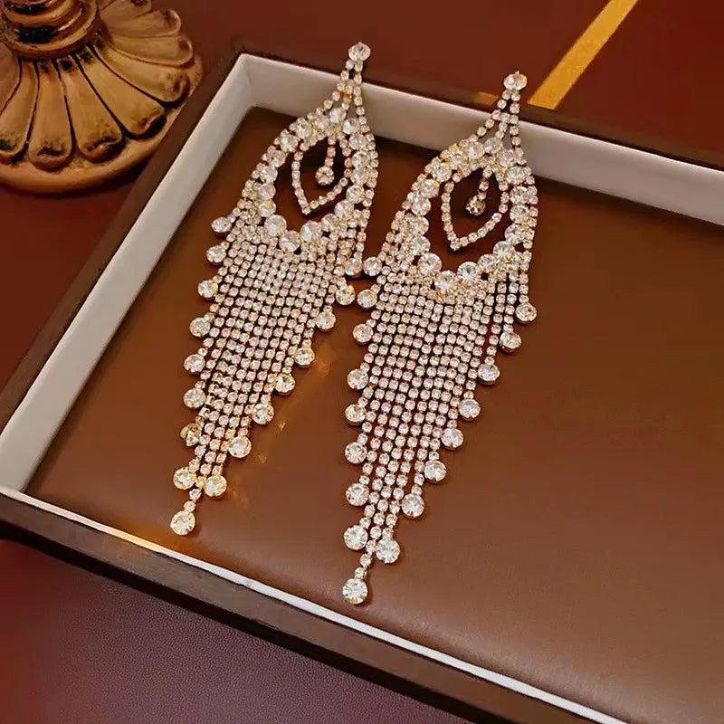 Teardrop Rhinestone Tassel Drop Earrings