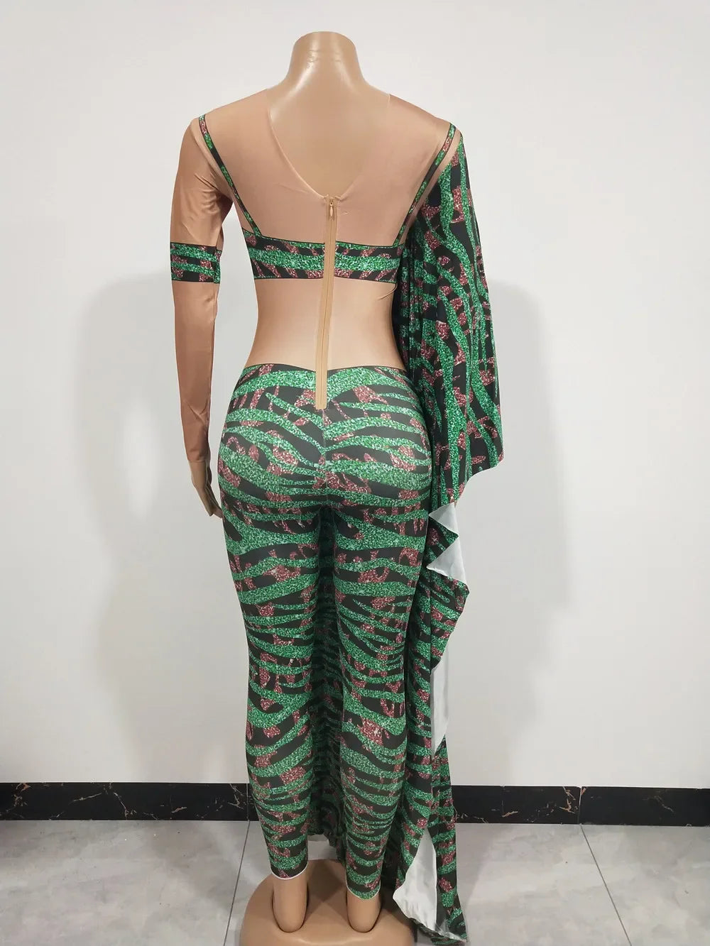 Irregular Single Sleeve Leopard Jumpsuit Green Tight Women Singer Stage Wear Nightclub Party Stage Performance Costume