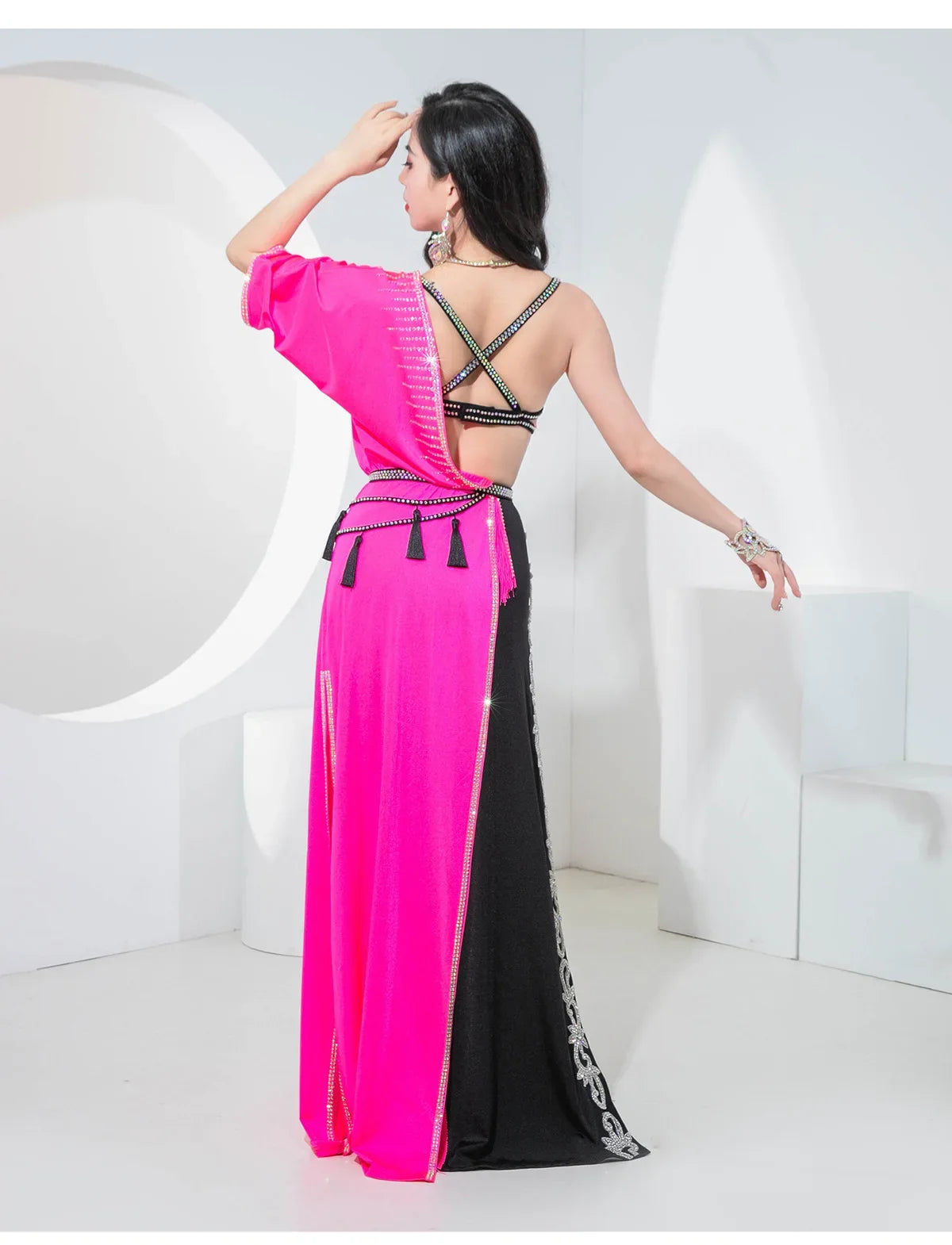 Sparkly Shaabi Belly Dance Competition Gown 4-Piece Beaded Bra, Skirt, Robe & Shorts Set