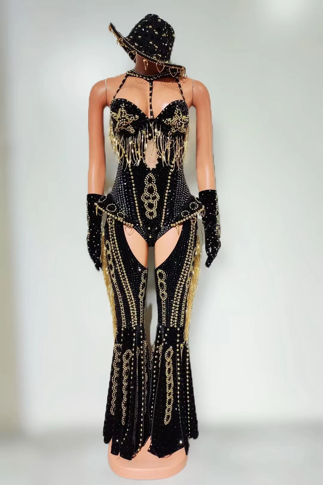 Rhinestone Tassel Hollow-Out Jumpsuit & Stage Performance Dance Romper