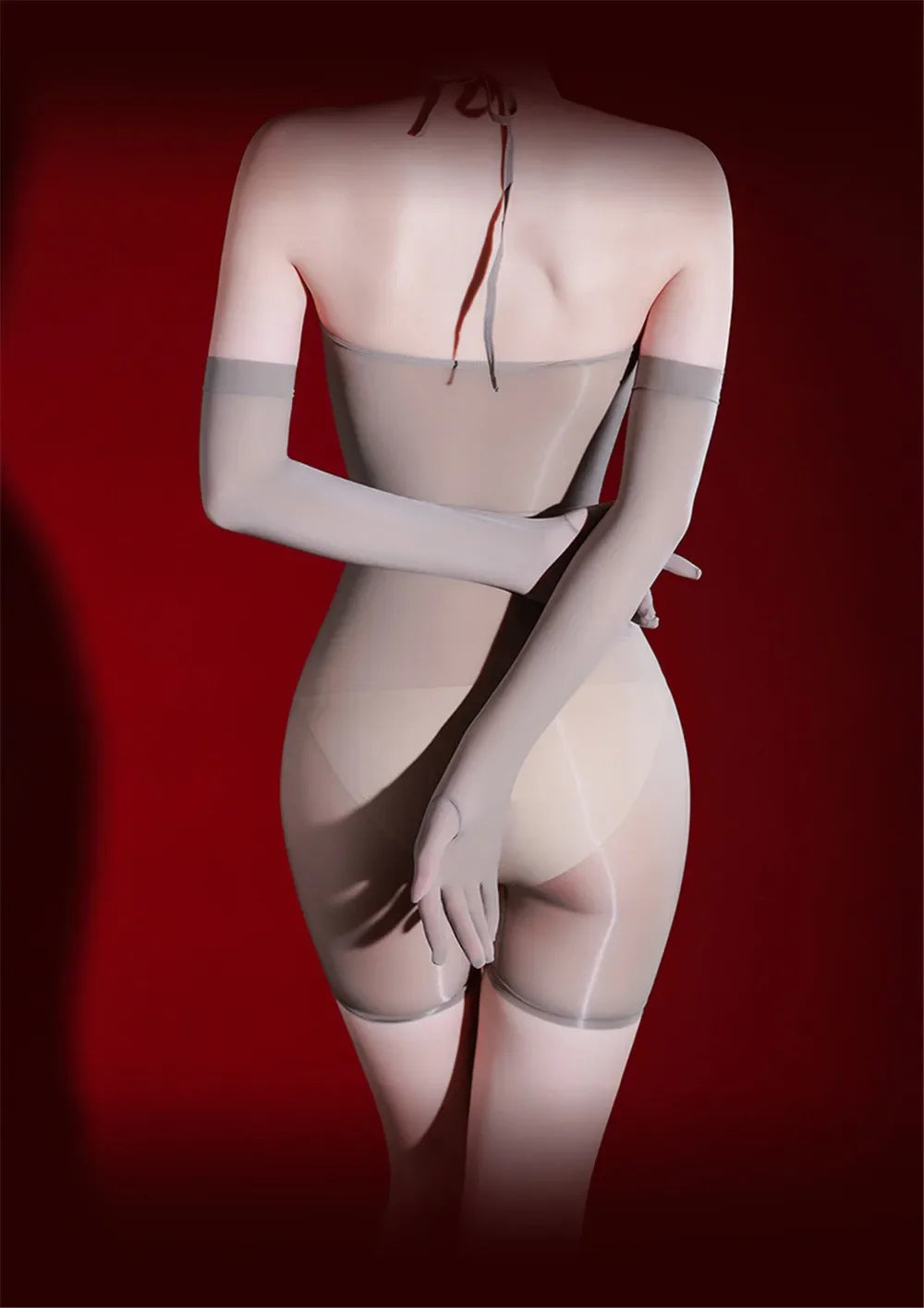 Women 5D Thin Oil Shiny Smooth Bodysuit Stripe Sleeveless Elastic Tights Yoga Shaping Backless Playsuit Maid Leotard With Glove