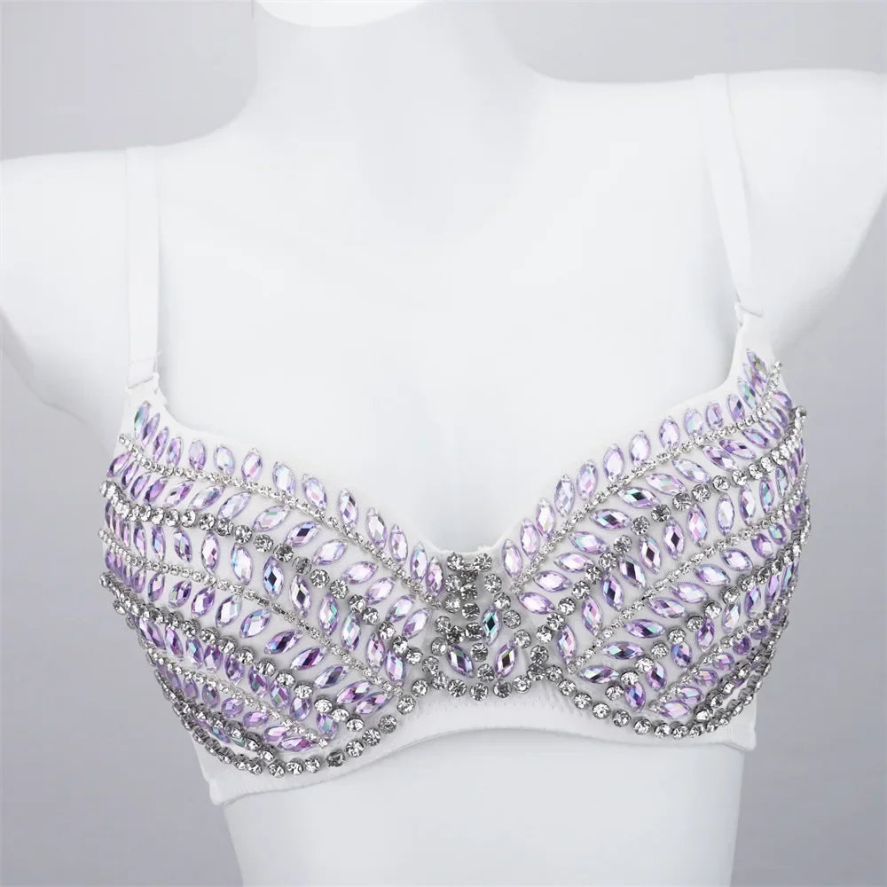 Sparkly Rhinestone Push-Up Bra Corset Top Showgirl Stage Performance Bustier
