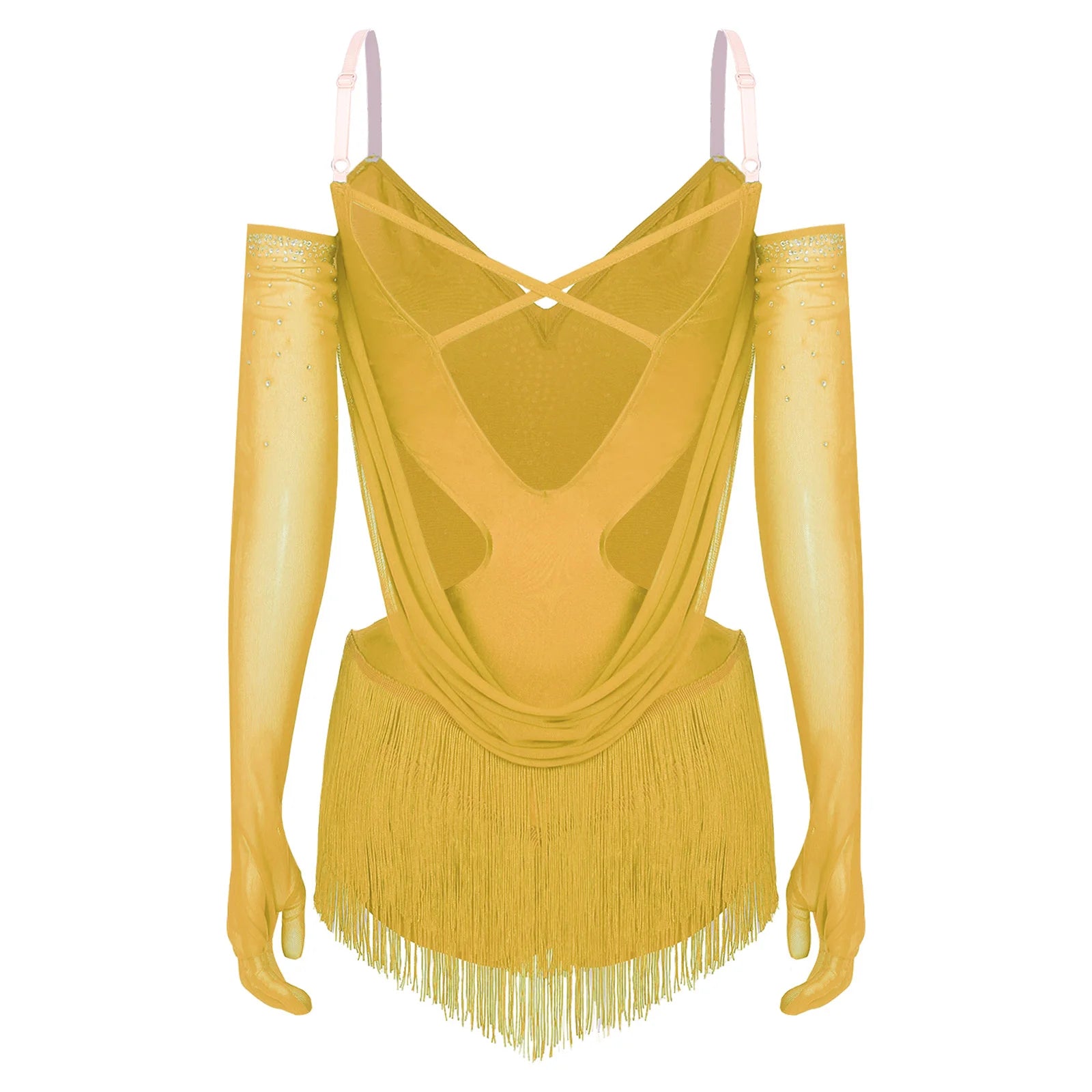 Sparkly Rhinestone & Tassel Fringe Dance Leotard with Gloves Two-Piece Stage Costume