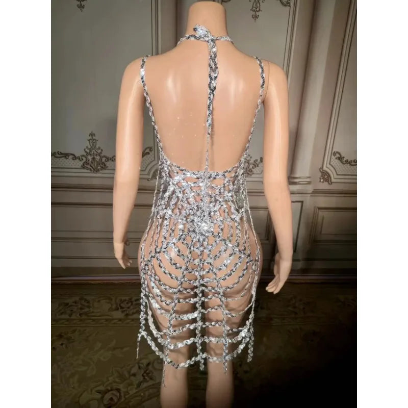 Women's Silver Crystal Rhinestone Mermaid Dress | See-Through Sequin Gown for Prom, Wedding & Party