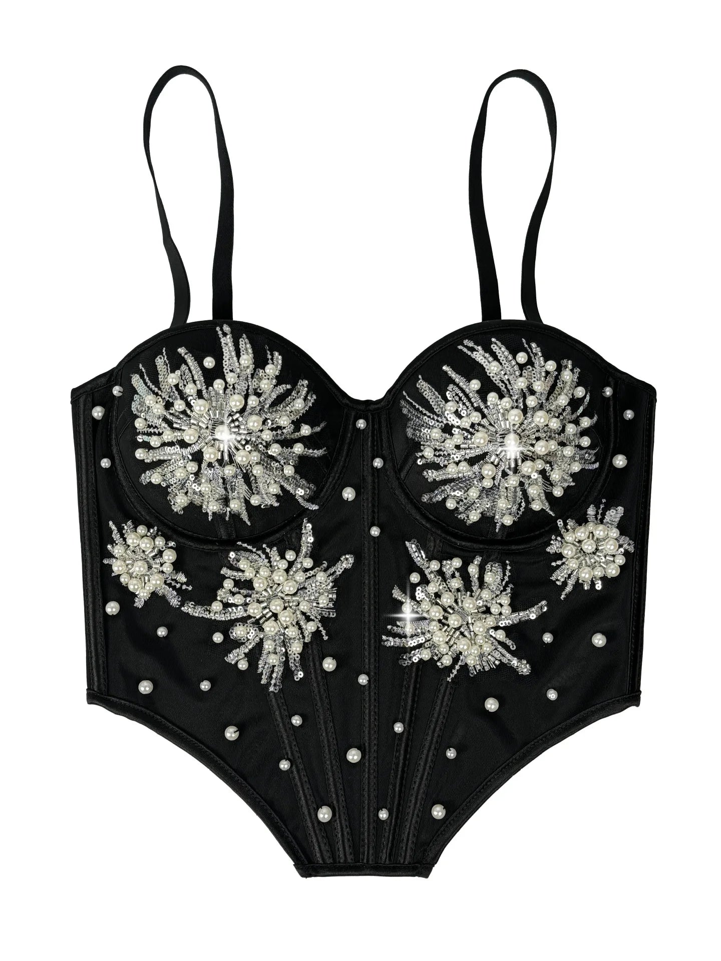 Pearl & Sequin Embroidered Floral Bustier Corset Top Asymmetric Camisole Bralette