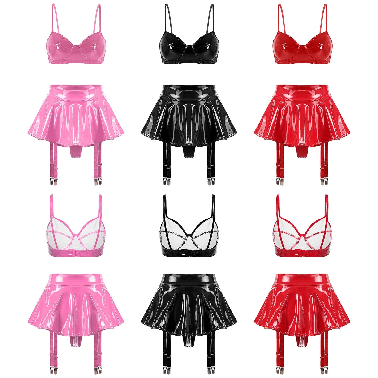Wet Look PU Leather Bra Top & Ruffled Miniskirt Set with Garter Clips