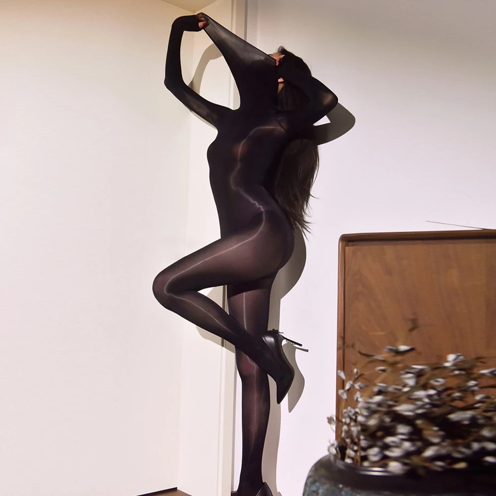 Sexy Women High Collar Cover Mask Bodysuit Oil Glossy Shiny Seamless Sexy Tights Elastic Yoga Romper Cosplay Maid Leotard