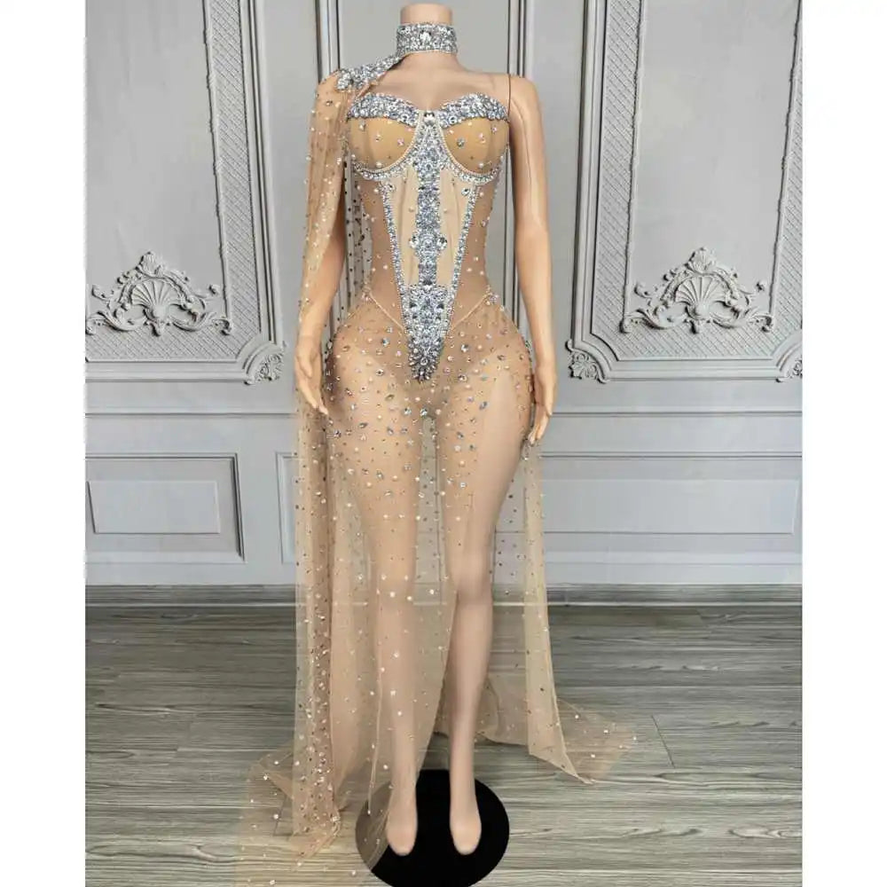 Sparkly Rhinestone & Pearl Mesh Evening Gown with Cloak Sleeves Stage Costume