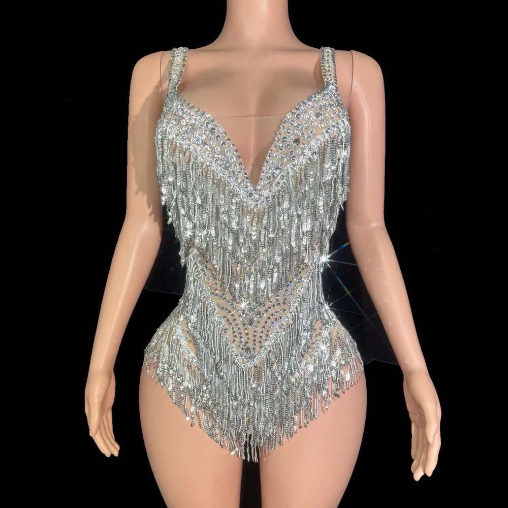 The Stardust Illusion Tassel Bodysuit – Luxury Rhinestone Long-Sleeve Showgirl Costume