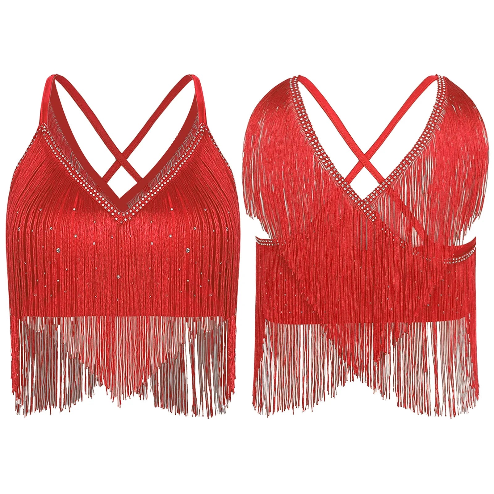 V-Neck Crisscross Back Tassel Fringe Crop Top Latin Salsa Dance Costume