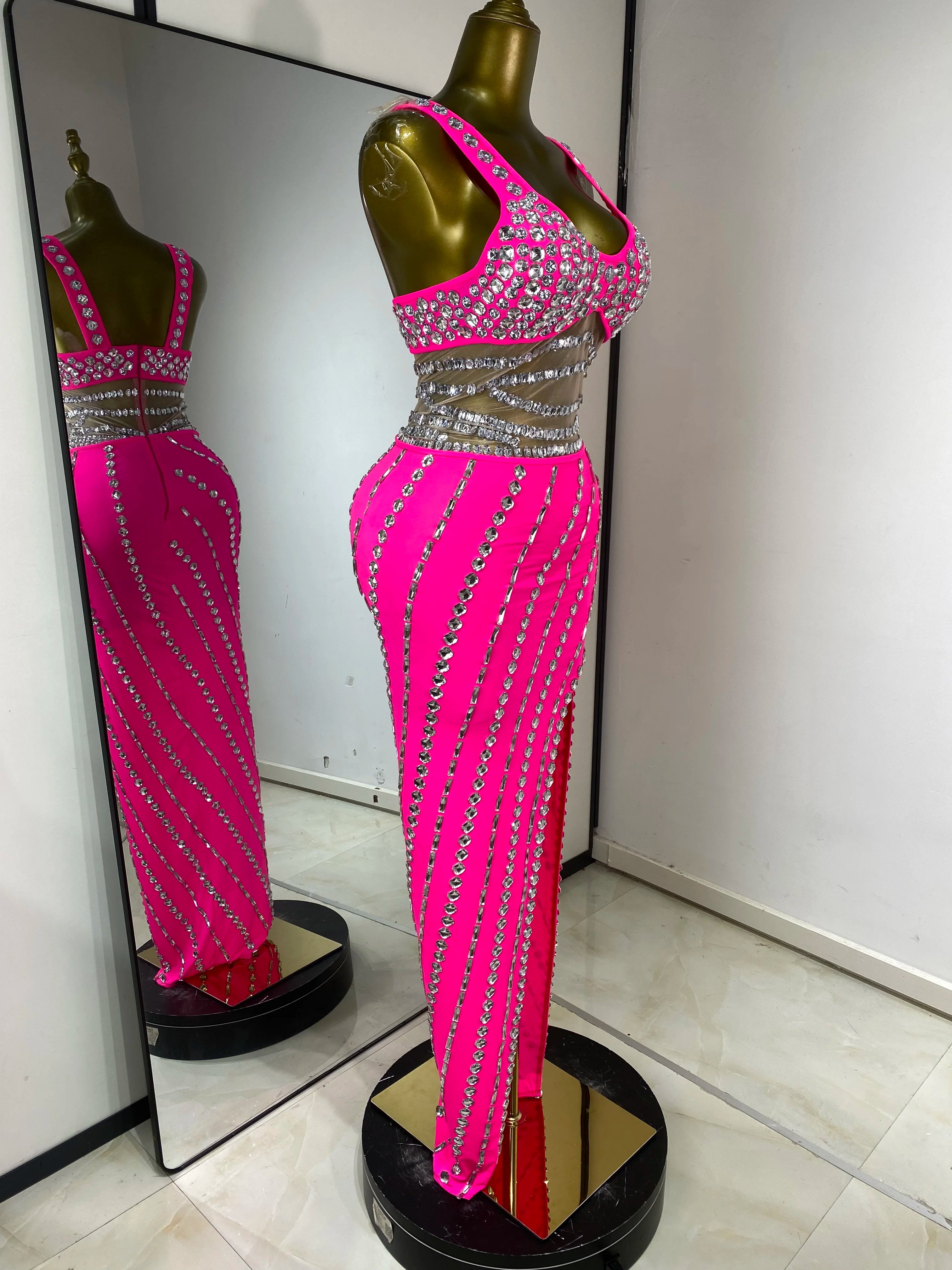 Hot Pink Rhinestone & Tulle Inset Open-Leg Maxi Evening Gown