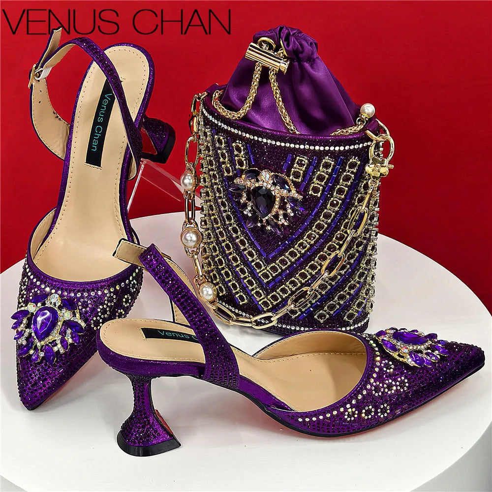 Shoes and Bag Set With Rhinestone Handbag