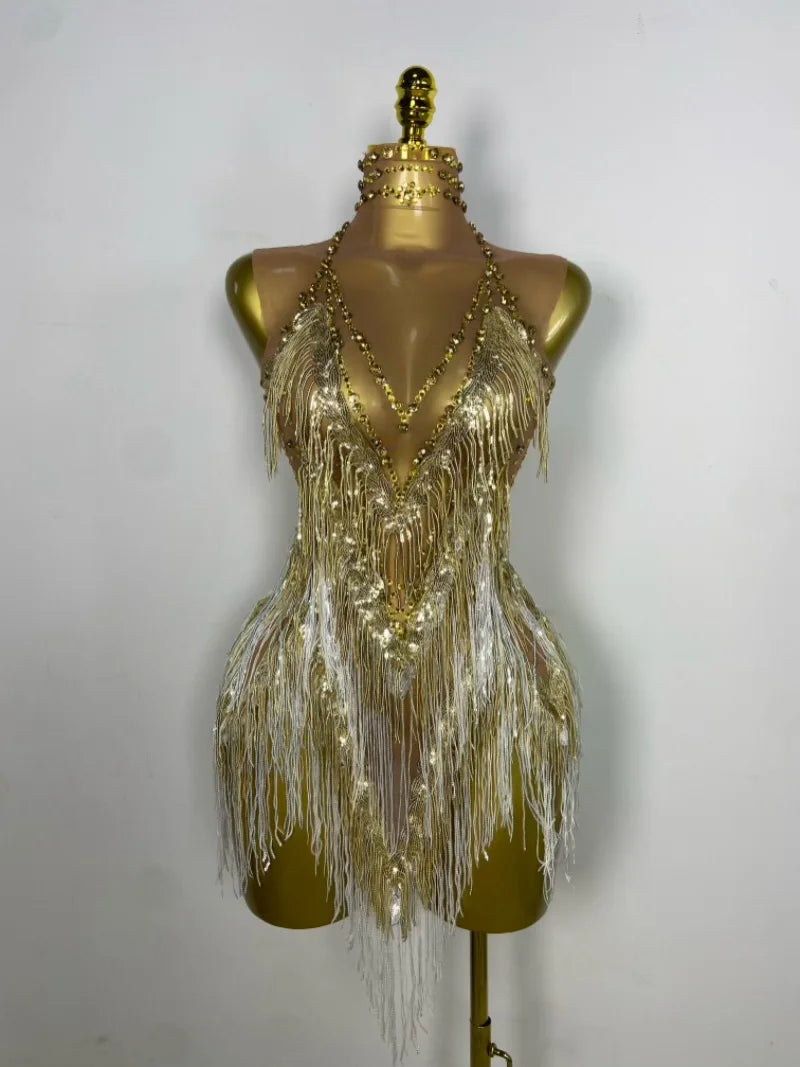 Sparkly Rhinestone & Tassel Fringe Latin Dance Mini Dress Stage Costume