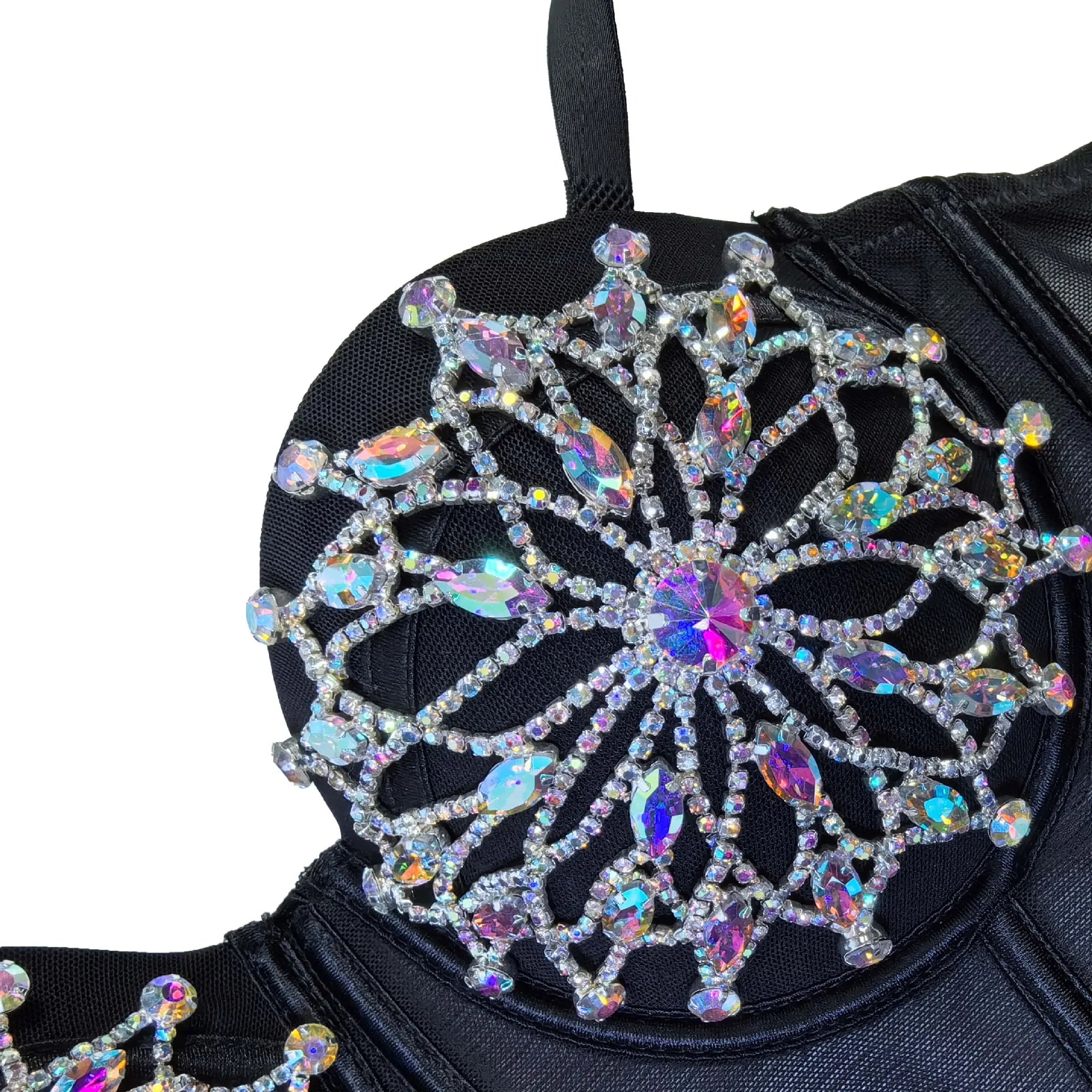 Black Mesh Bustier Corset Crop Top Crystal Embroidered Nightclub Bralette