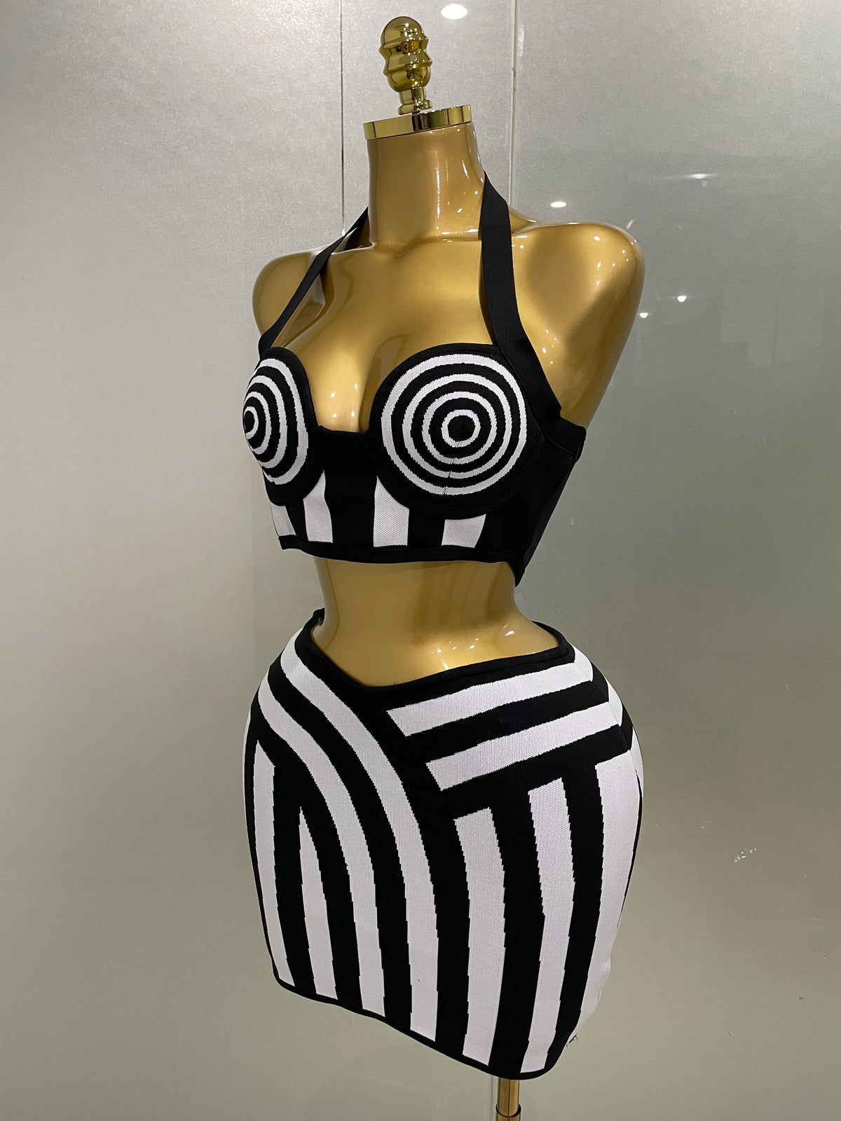 Black & White Striped Two-Piece Skirt Set