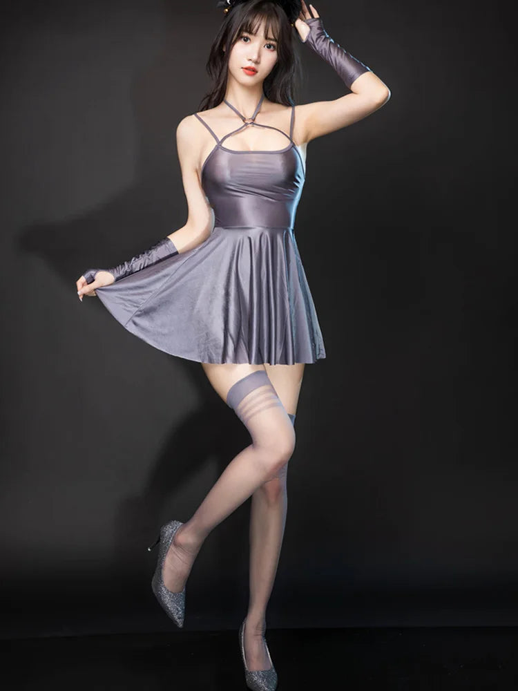 Sexy Backless Satin Smooth Oil Glossy Pleated Micro MINI Dress Bandage Sleeveless Tight Uniform Maid Ruffled Dress Stage Wear