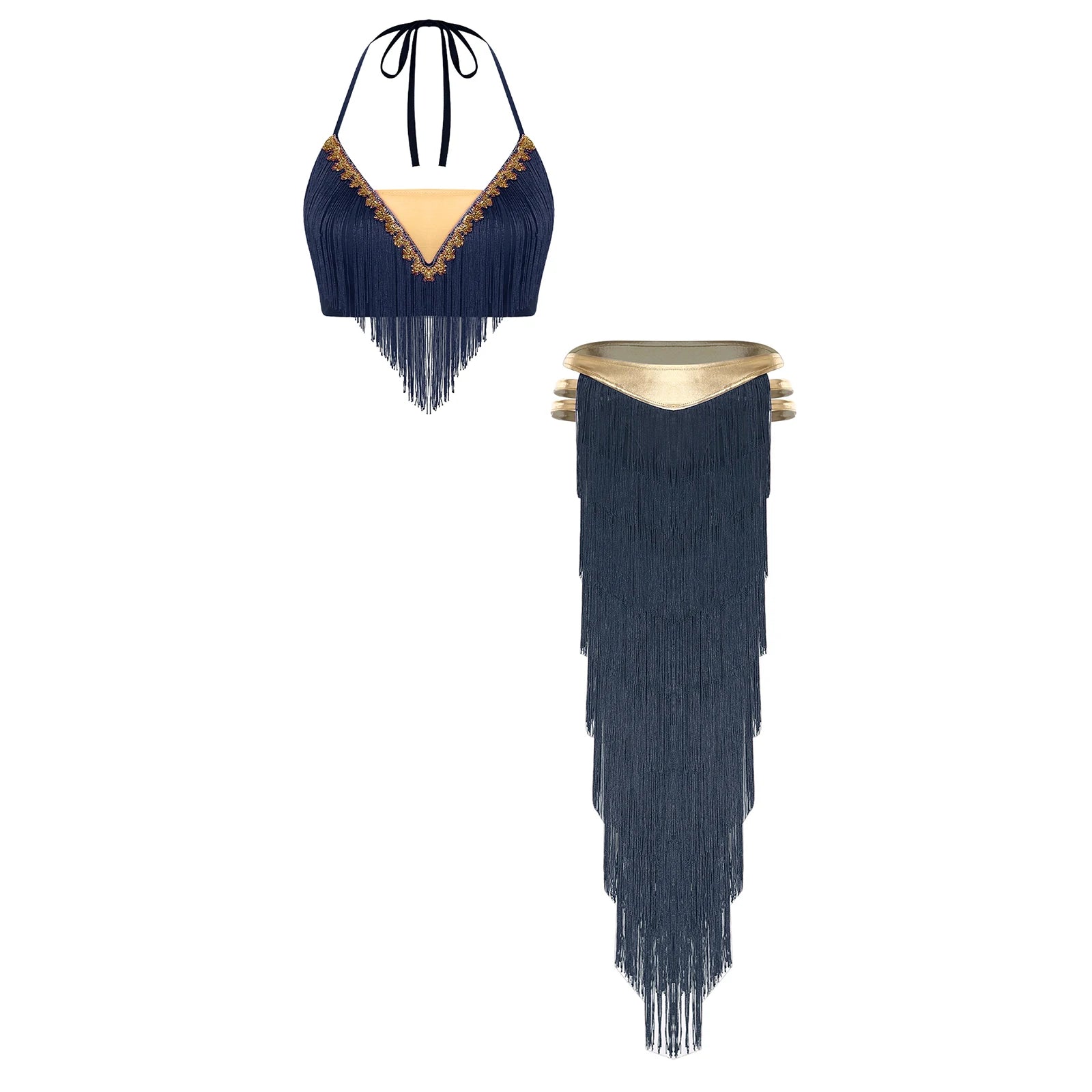 Gold Trim Halter Lace-Up Crop Top & Tiered Tassel Skirt Belly Dance Outfit