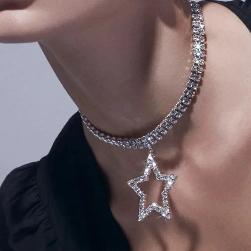 Sparkly Double Layer Crystal Rhinestone Star Pendant Choker Necklace Stage Jewelry