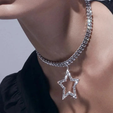 Sparkly Double Layer Crystal Rhinestone Star Pendant Choker Necklace Stage Jewelry