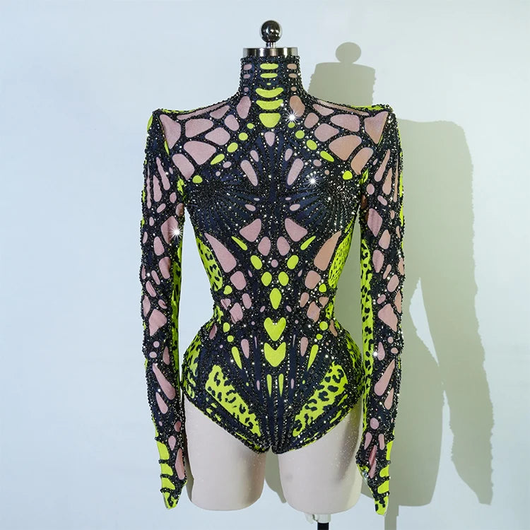 Futuristic Cyber Armor Rhinestone Bodysuit Mock Neck Sleeveless Stage Dance Costume