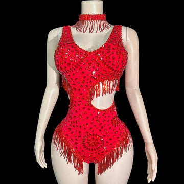 Sparkly Rhinestone Tassel Mock Neck Bodysuit Sleeveless Showgirl Stage Leotard