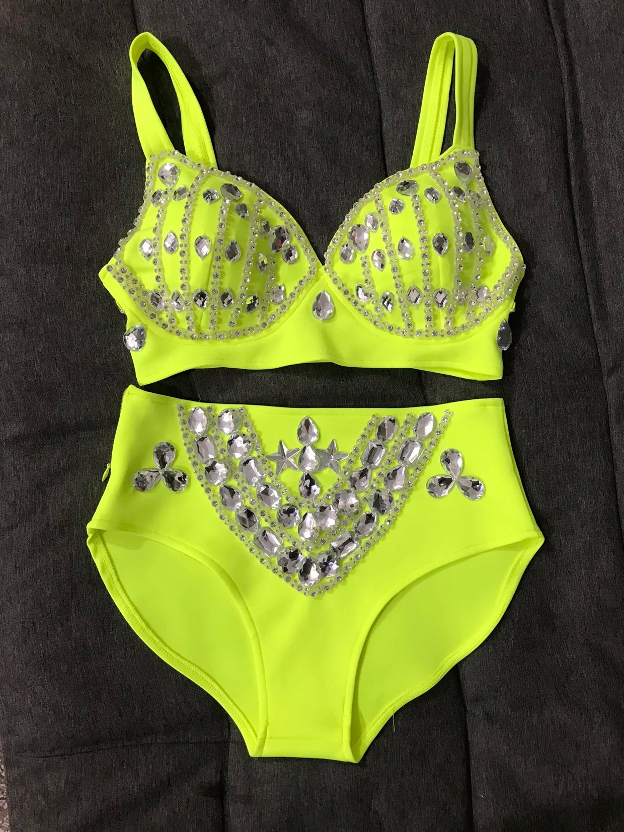 Rhinestone Bikini Bra & High-Waist Shorts 2-Piece Performance Costume Set