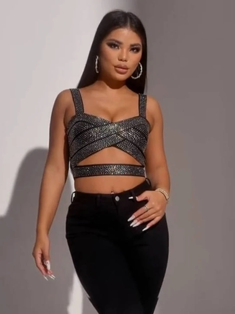 Black Crystal Strap Cutout Crop Top