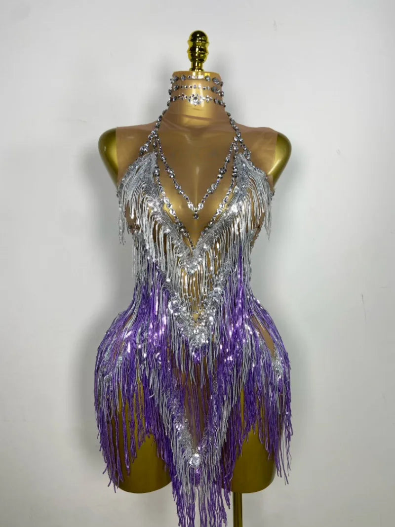 Sparkly Rhinestone & Tassel Fringe Latin Dance Mini Dress Stage Costume