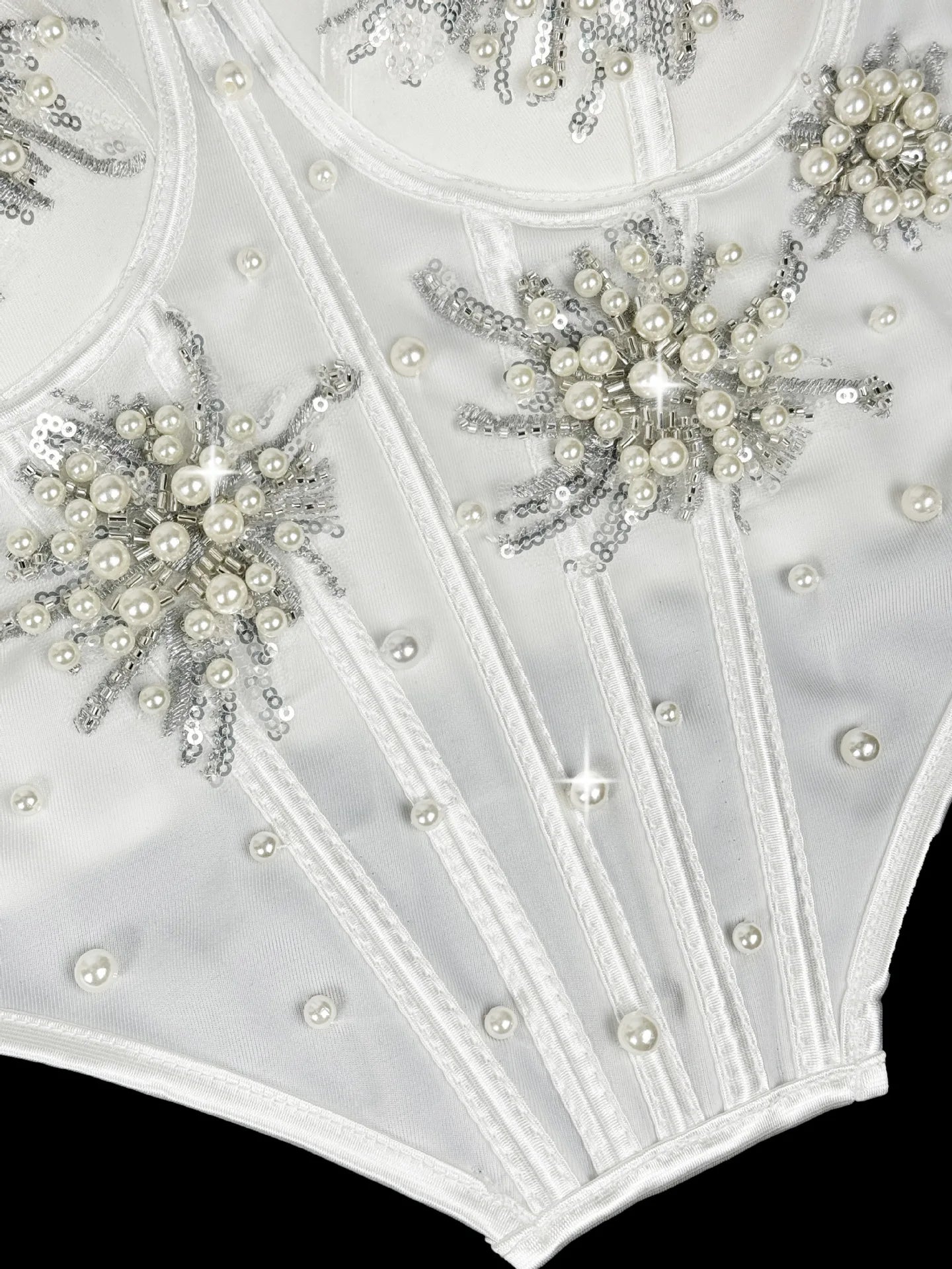 Pearl & Sequin Embroidered Floral Bustier Corset Top Asymmetric Camisole Bralette