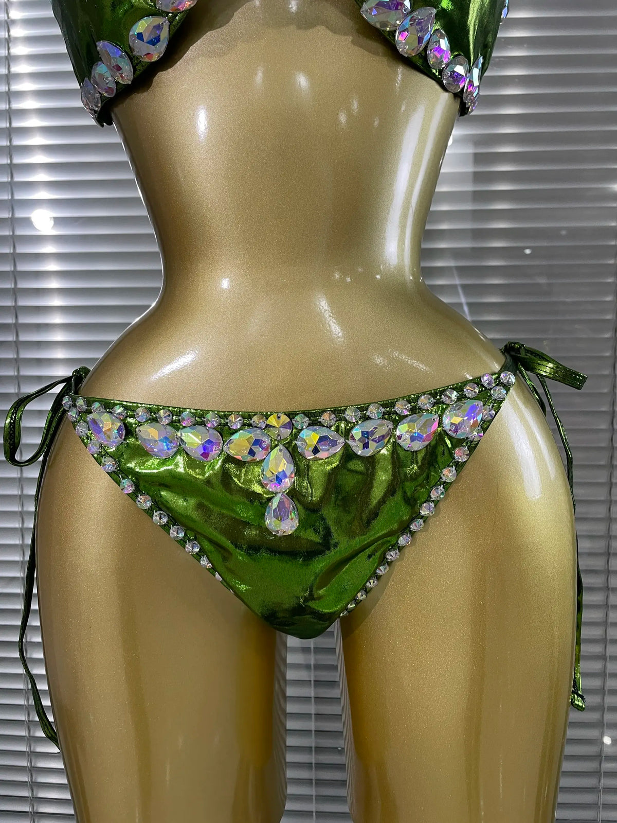 Green Color Women Sexy Shining Rhinestones 2 Pieces Costume Set Showgirl Stage Performance Swimwear
