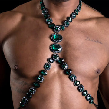 Men's Green Crystal Rhinestone Body Chain Harness Punk Stage Cross Chest Collar