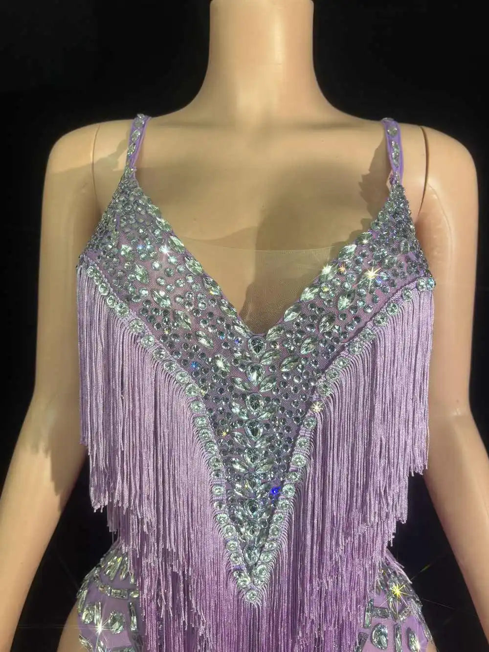 Sparkly Rhinestone & Tassel V-Neck Bodysuit Stage Performance Costume