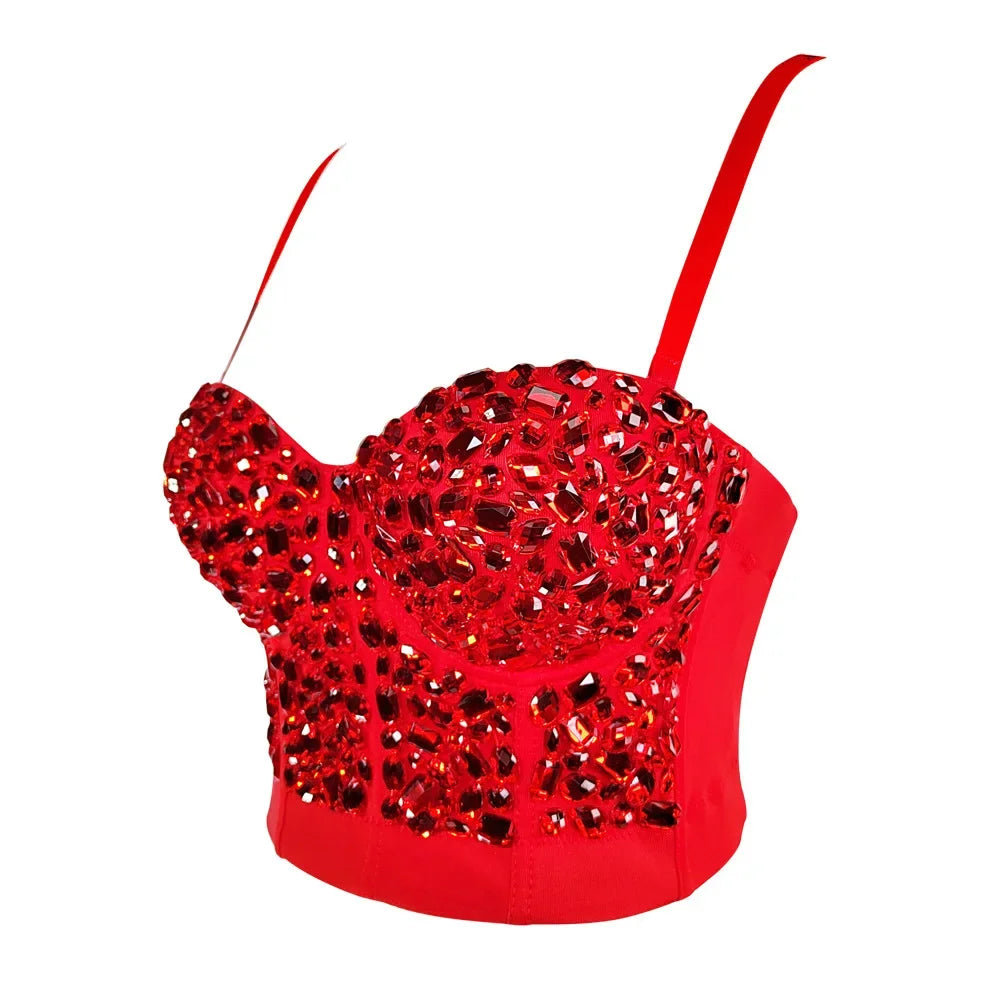 Sparkly Diamond Rhinestone Corset Top Showgirl Stage Performance Push-Up Bustier